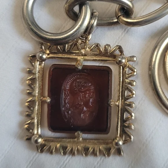 1950s Intaglio Glass Cameo Italian Roman Greek Chunky Toggle Charm Bracelet